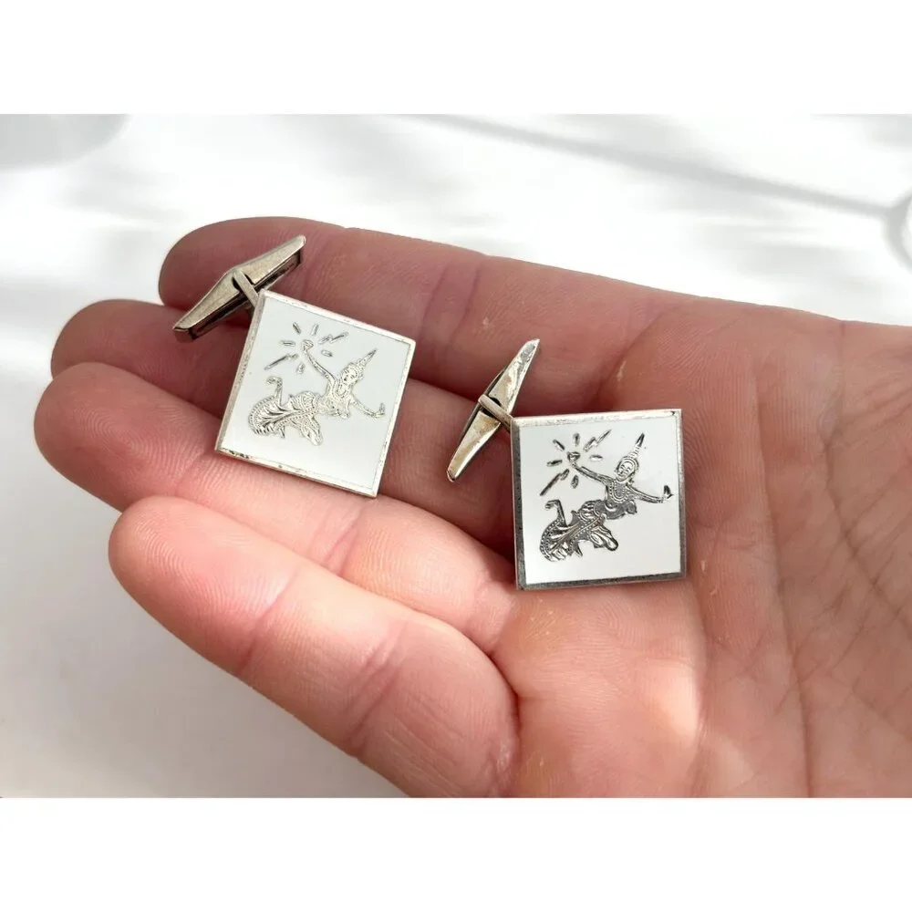 Siam Sterling White Guilloche Square Nielloware Vintage Thai Made 925 Cufflinks